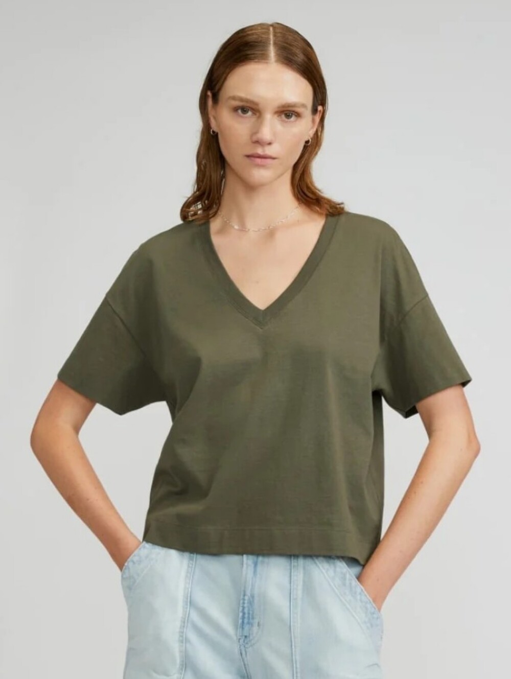 Everlane Women's Organic Cotton Slouchy V-Neck Medium Tan Burnt Orange Sienna